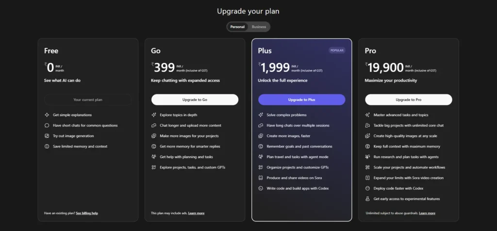 Screenshot of ChatGPT Pricing Plan