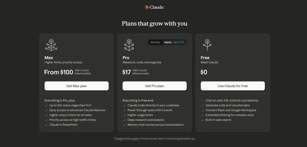 Screenshot of Claude Pricing Plan