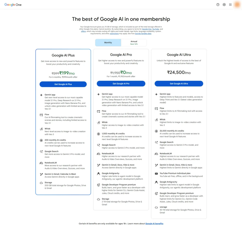 Screenshot of Gemini Pricing Page