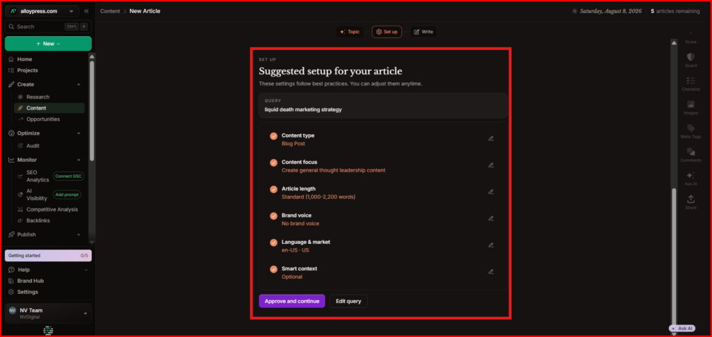 Screenshot Image of Showing Frase AI Blog Writer Workspace