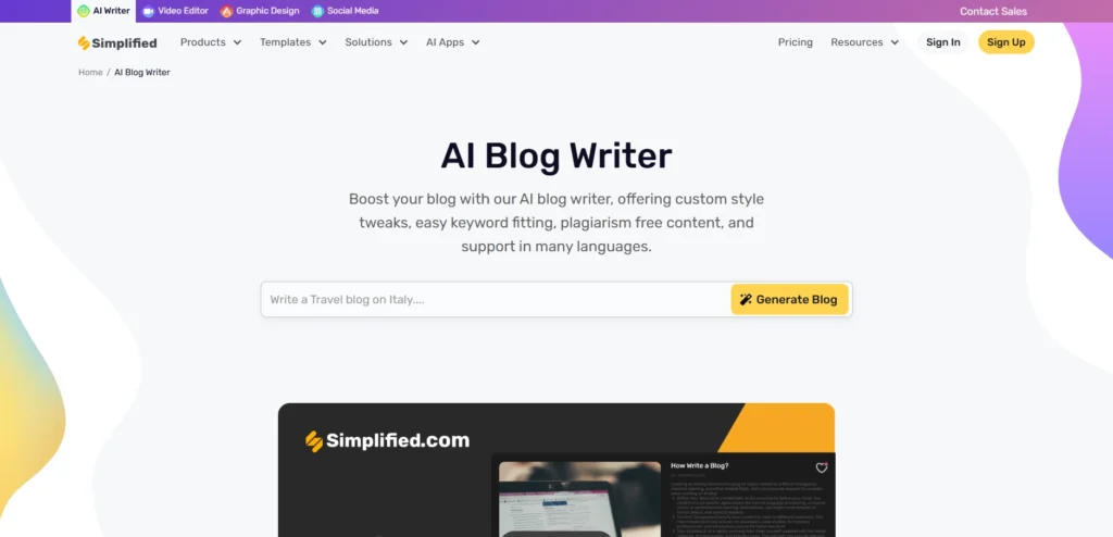 Screenshot image of Simplified AI Blog Writer