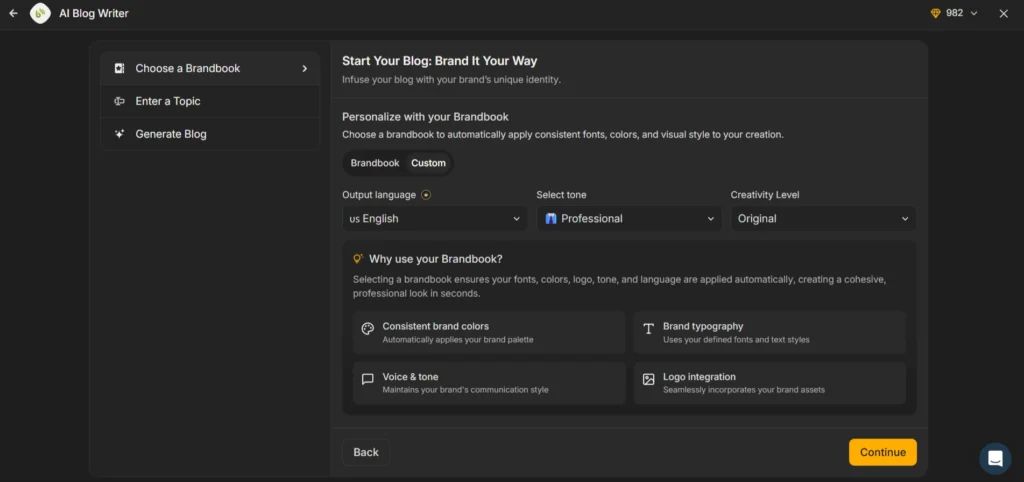 Screenshot image of Simplified ai blog writer workspace