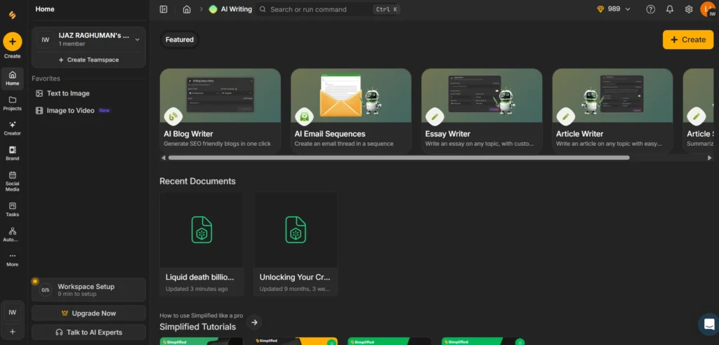 Screenshot image of simplified writing tools