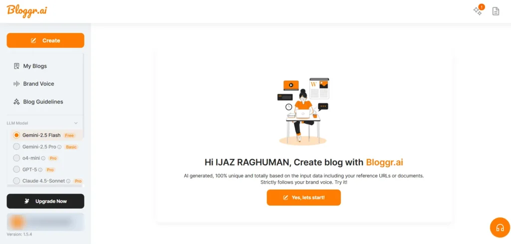 Screenshot of Blogger.ai workspace