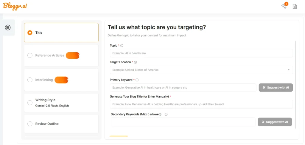 Second screenshot of Blogger.ai workspace