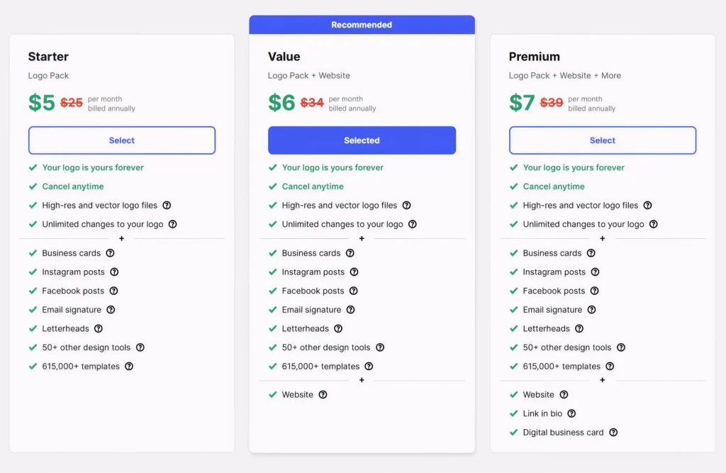 Design.com Pricing Page