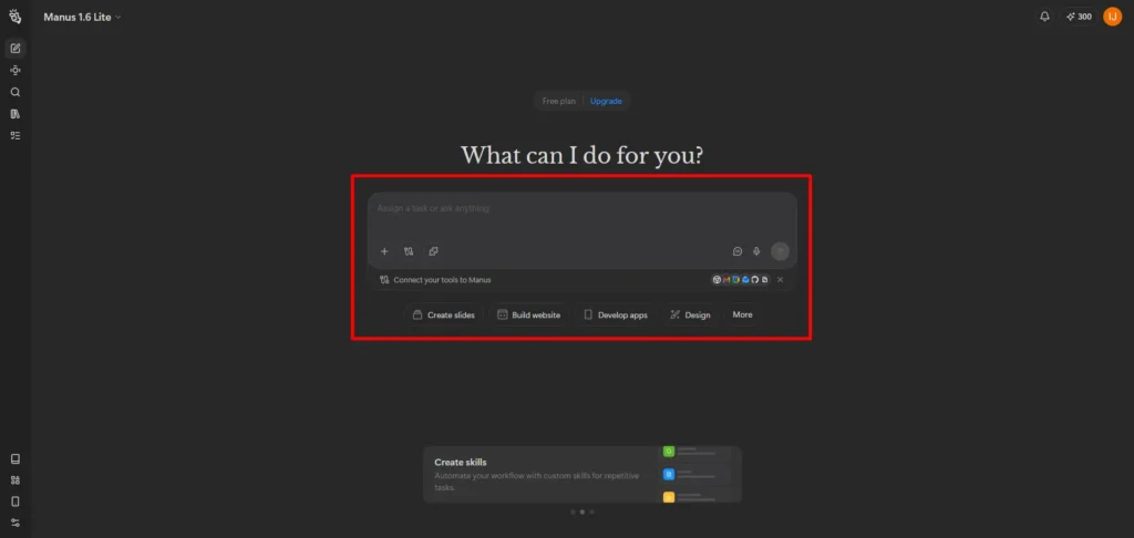 Screenshot of the Manus AI workspace after login