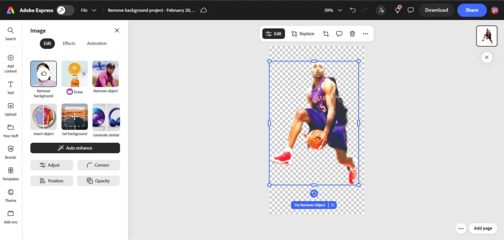 Adobe Express Background removed section