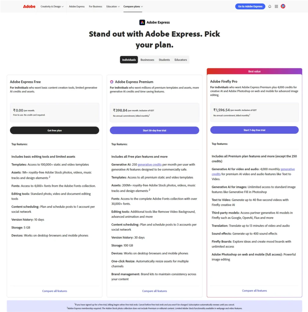 Adobe Express Pricing Page