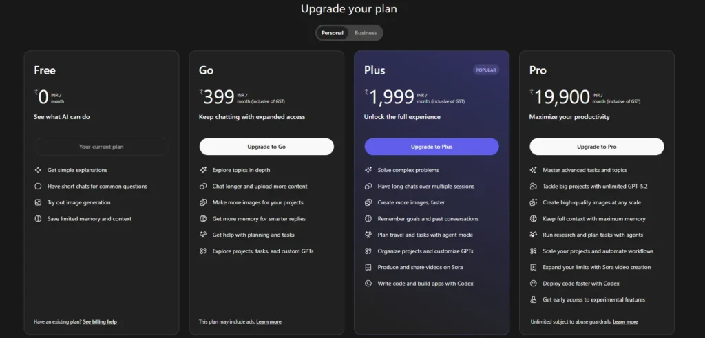 ChatGPT pricing plan page