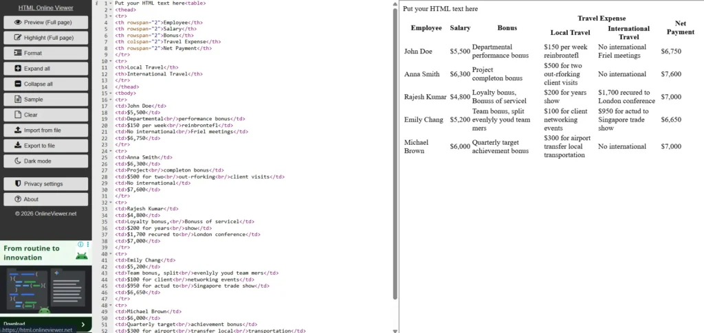 Code tested in an online HTML viewer
