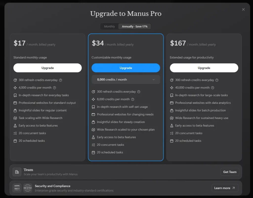 Manus AI Pricing Page Details