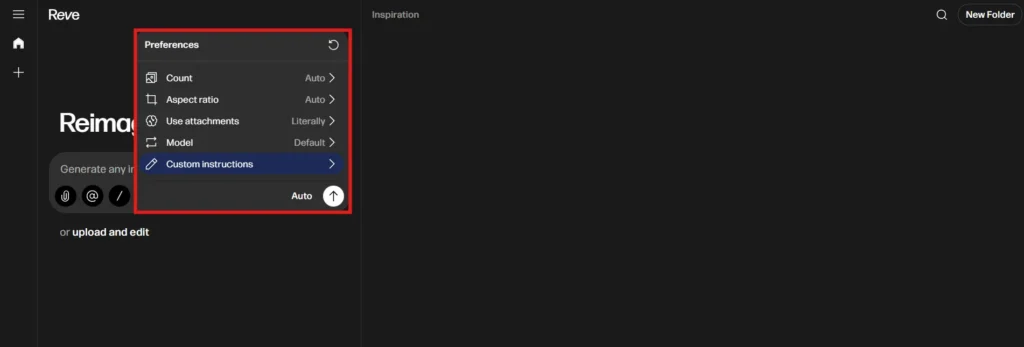 Reve Image Generation Preferences Control Panel