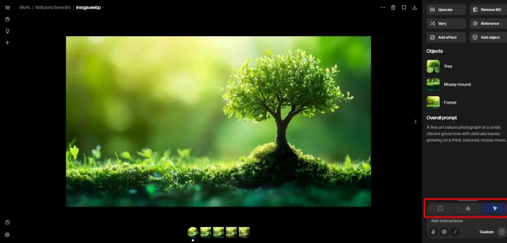 Screenshot displaying newly revealed options in the reve work area