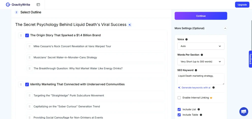Screenshot of AI Blog Writer Outline Workspace