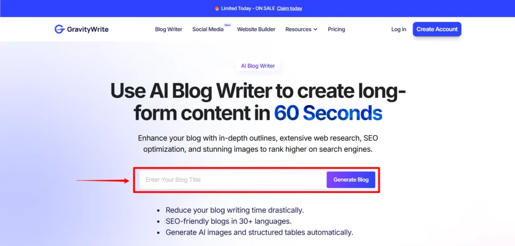 Screenshot of GravityWrite AI Blog Writer Landing Page