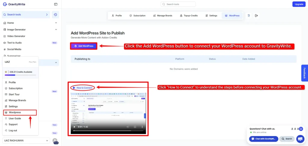 Screenshot of WordPress Integration Area