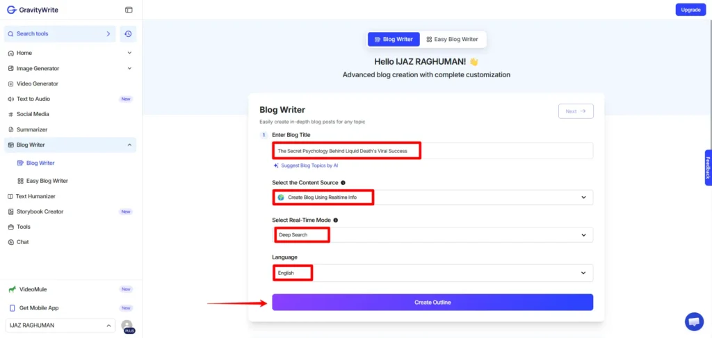 Screenshot of the AI Blog Writer workspace