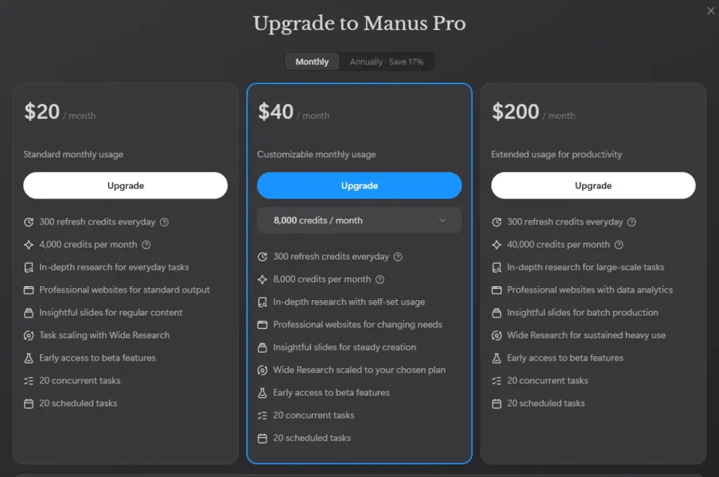 manus ai pricing page