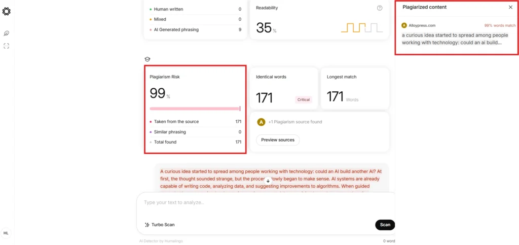 Screenshot of the Humalingo workflow showing the Plagiarism risk score