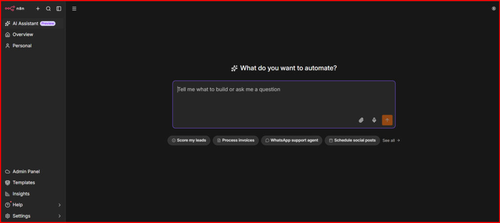 Screenshot Image of n8n Dashboard After Login