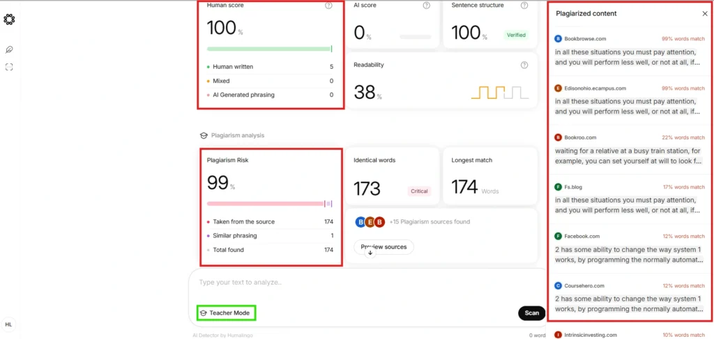 Screenshot of the Humalingo workflow showing the result detecting the content as 100% Human-written.