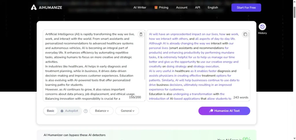 Screenshot of the AI Humanize tool converting AI content into humanized content.
