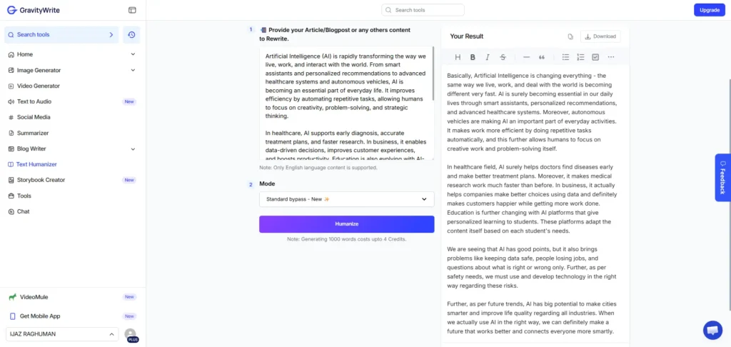 Screenshot of the GravityWrite tool converting AI content into humanized content.