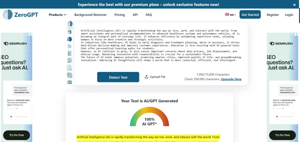 Screenshot of the ZeroGPT showing the result detecting the content as 100% AI-written.