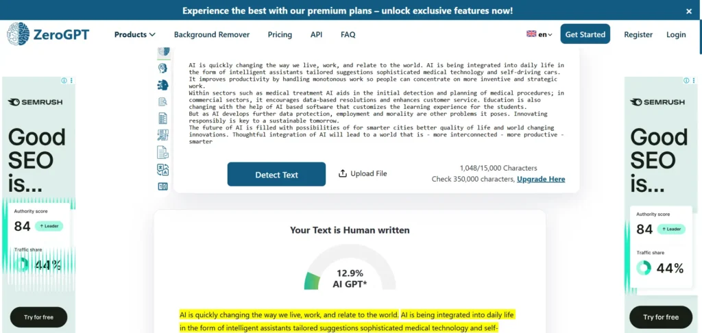 Screenshot of the ZeroGPT showing the result detecting the content as 12.9% AI-written.