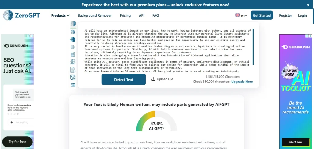 Screenshot of the ZeroGPT showing the result detecting the content as 47.6% AI-written.