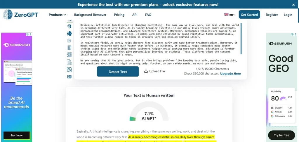 Screenshot of the ZeroGPT showing the result detecting the content as 7.1% AI-written.