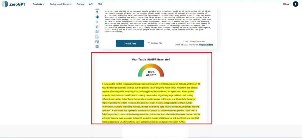 Screenshot of the ZeroGPT workflow showing the result detecting the content as 100% AI-written.