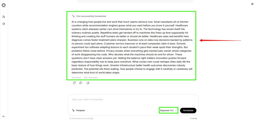 Screenshot showing Humalingo transforming AI-generated content into humanized content using Bypasser Mode