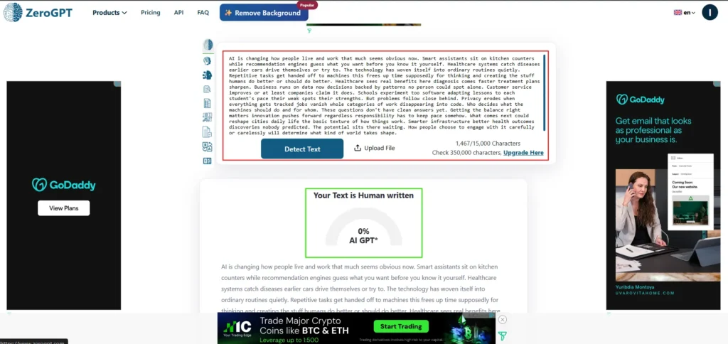 Screenshot showing ZeroGPT detecting the humanized content as 100% human-written