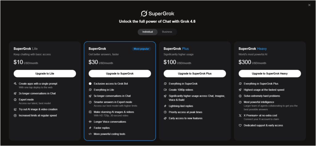 Grok 4.6 SuperGrok pricing plans and features