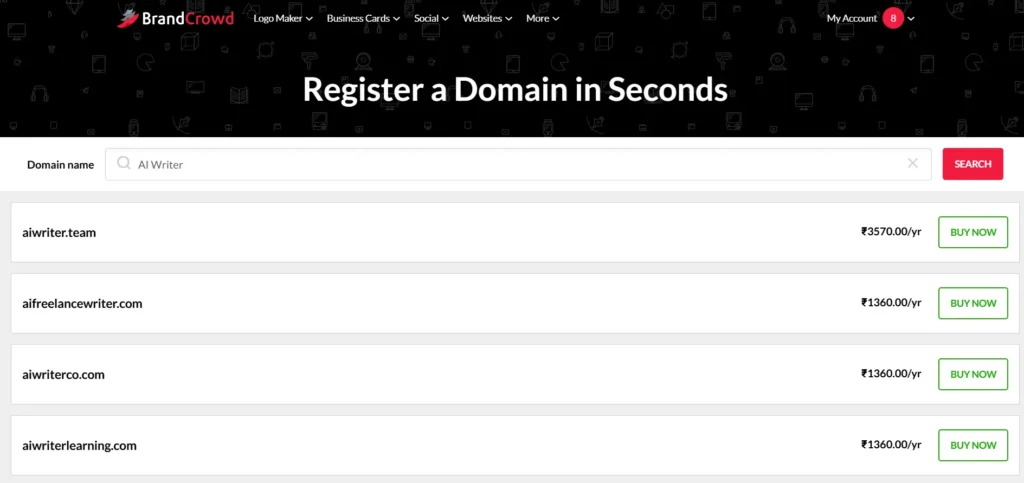 Available domain names in BrandCrowd