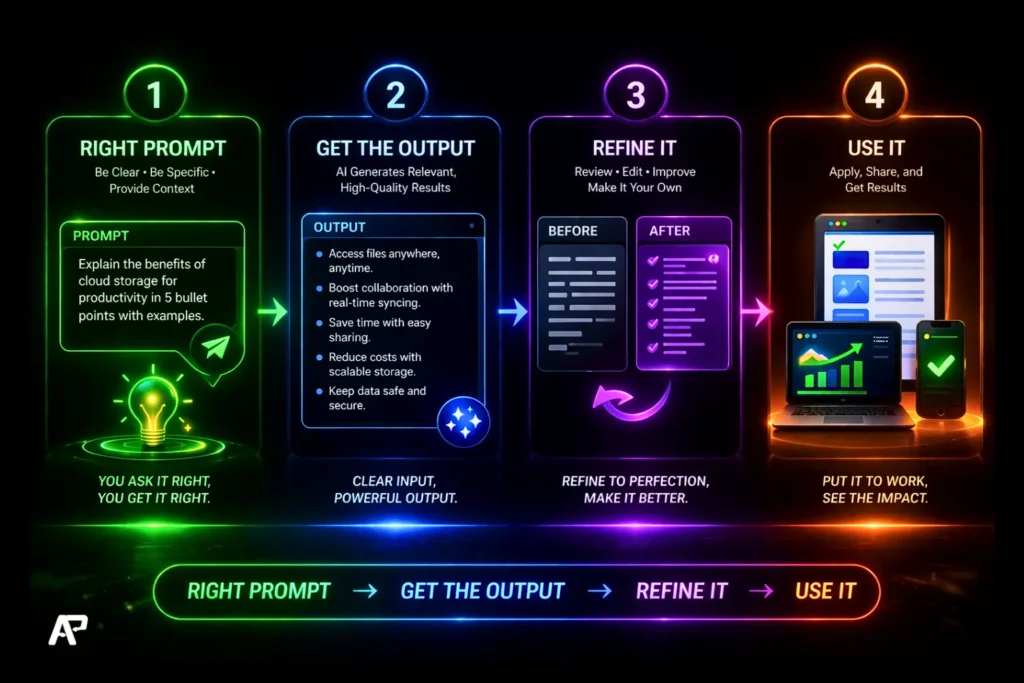 Give the right prompt → get the output → refine it → use it.