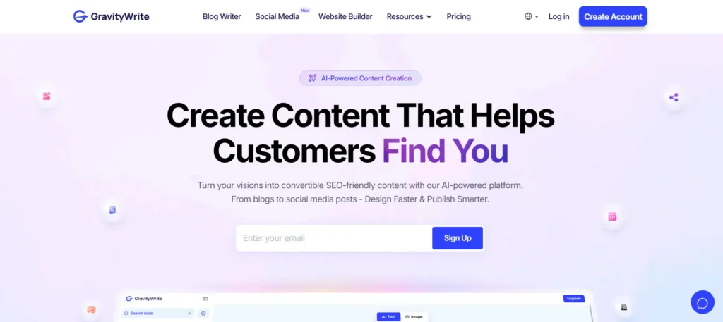Screenshot image of Gravitywrite homepage