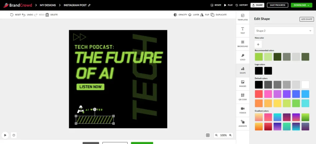 Screenshot image of Instagram post editing area in BrandCrowd