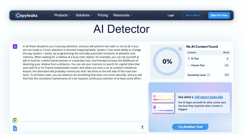 Screenshot of Copyleaks ai detector output (0% AI)