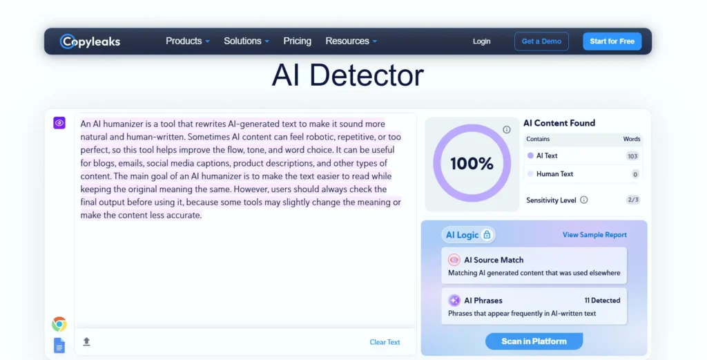 Screenshot of Copyleaks ai detector output (100% AI)