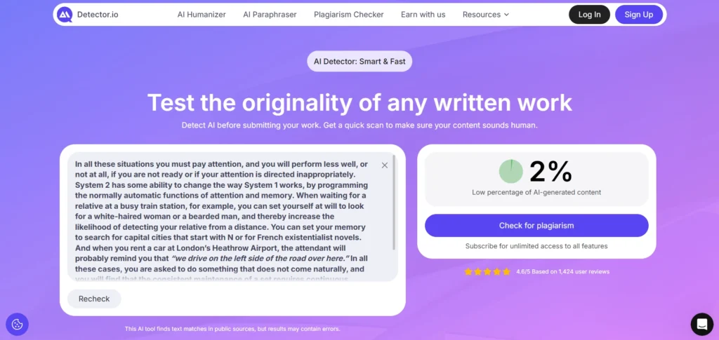 Screenshot of Detector.io's ai detector tool (2% AI)