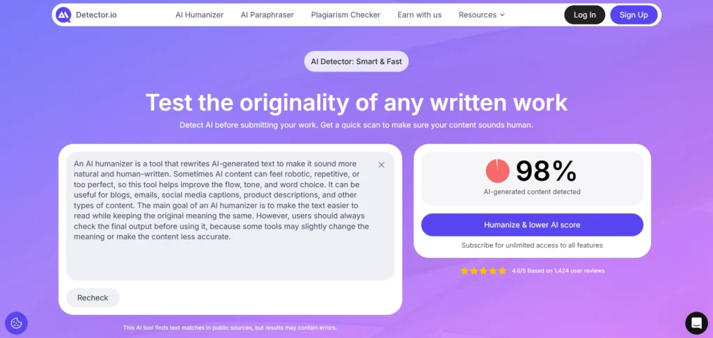 Screenshot of Detector.io's ai detector tool (98% AI)