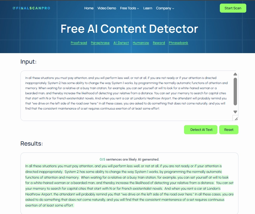 Screenshot of FinalScanPro ai detector tool (0% AI)