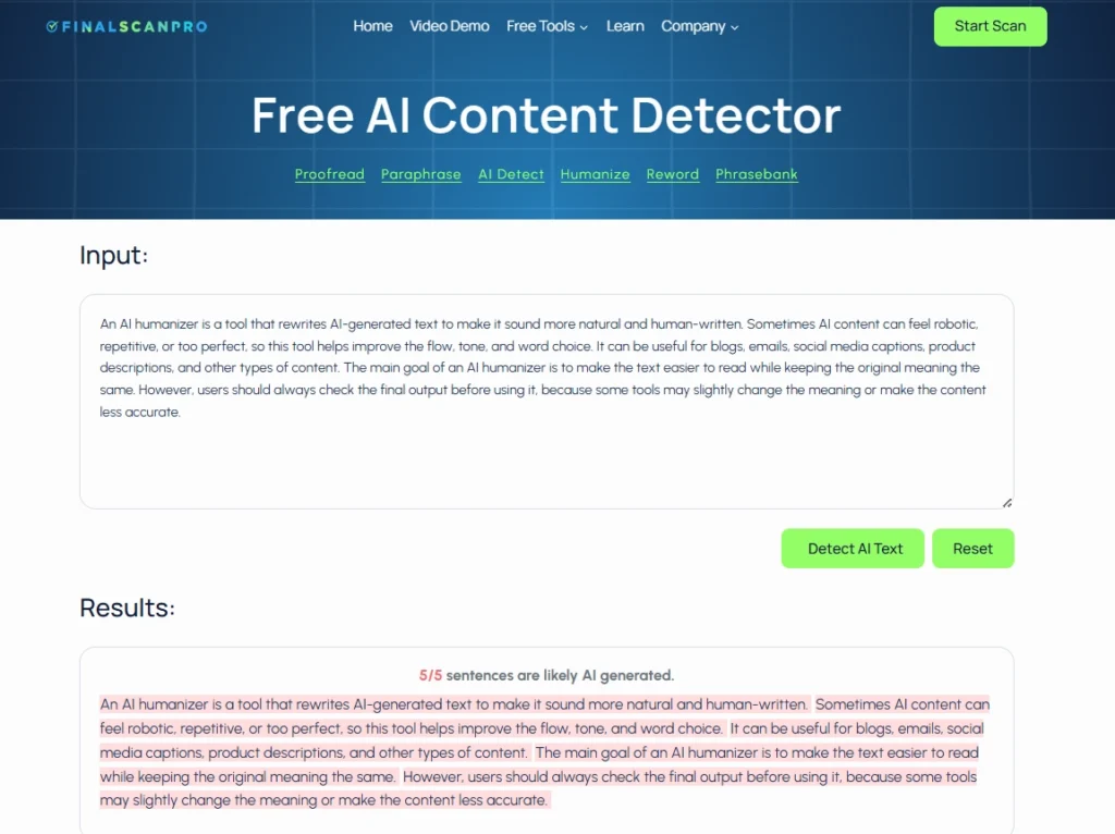 Screenshot of FinalScanPro ai detector tool (100% AI)