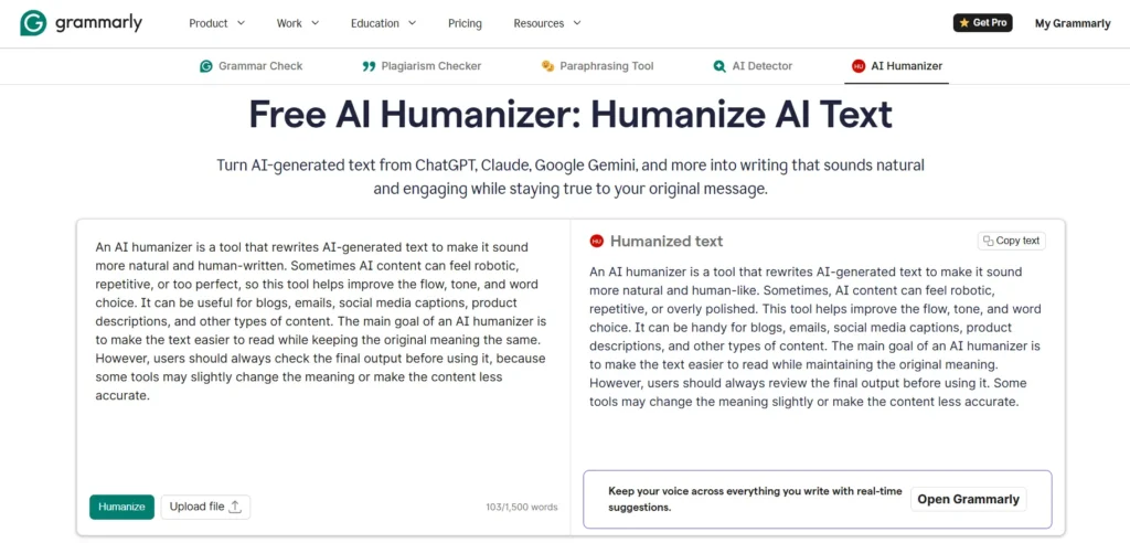 Screenshot of Grammarly humanizer tool output
