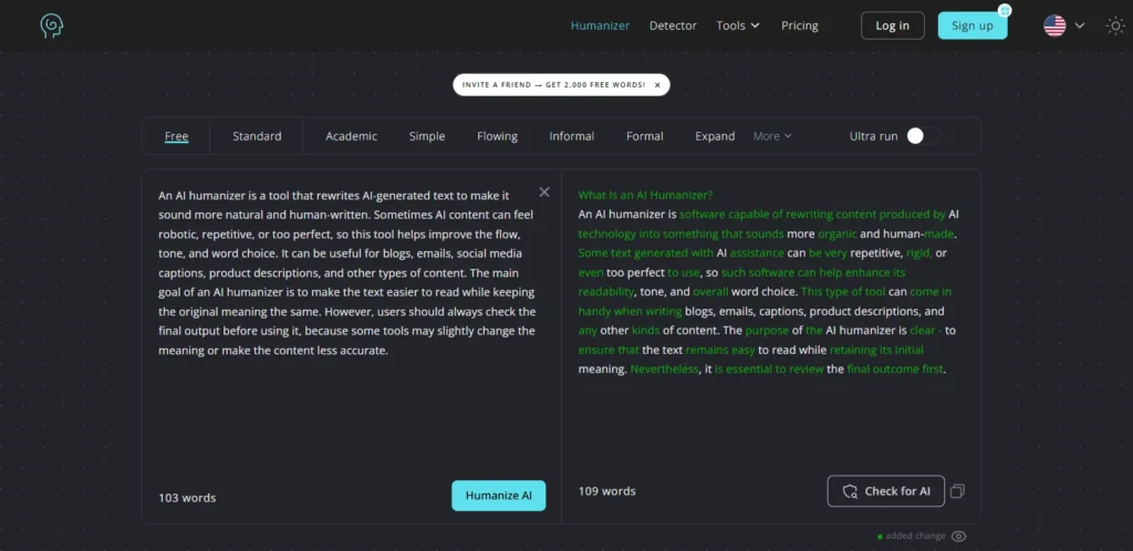 Screenshot of Humanize AI humanizer tool output