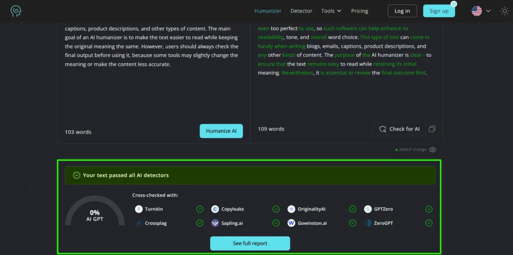 Screenshot of Humanize AI's detector tool result