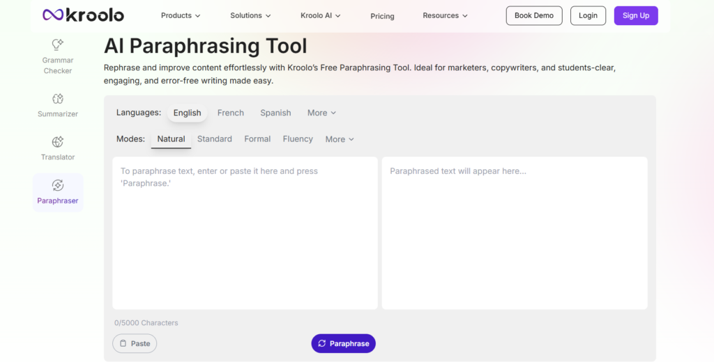 Screenshot of Kroolo AI Paraphrasing tool